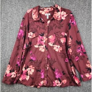 Denim & Co Button Down Shirt Women 2X Burgundy Floral Long Sleeve Knit Shacket